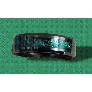 Black Tungsten Steel Band Ring, 7.5 Emerald Colored Inset Beveled Edge, Unisex,